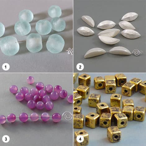 1. Afrikanische Glasperle (eisblau) 2. Troca Muschel Perle 3. Achat Perle (zartlila) 4. Keramik Würfel (vergoldet, schwarze Patina)