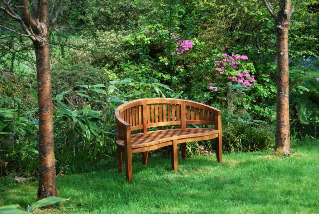 Das Platzieren einer Holzbank im Garten versprüht natürliches Flair und Gemütlichkeit