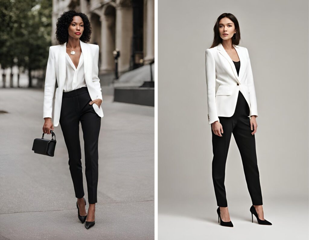Der Schwarz-Weiß-Look sieht in Kombination mit einem weißen Blazer sehr stilvoll aus
